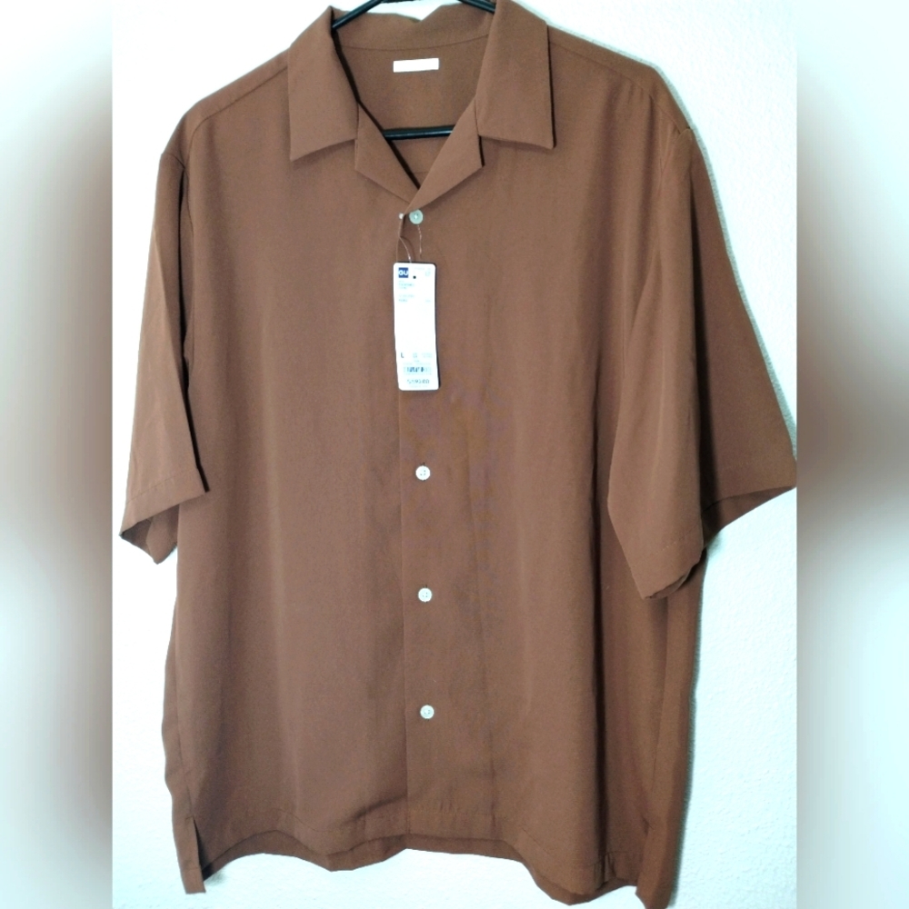 GU Global Men's Brown Polyester Button Down Casual Dress Shirt - Size L